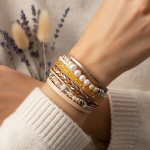 Boho Chic Layered Vegan Leather Magnetic Trendy Bracelet with Faux Pearls